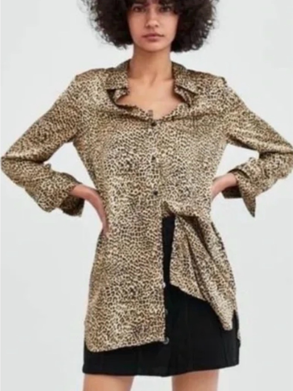ZARA Leopard Print Satin Long Sleeve Tunic Blouse size XS